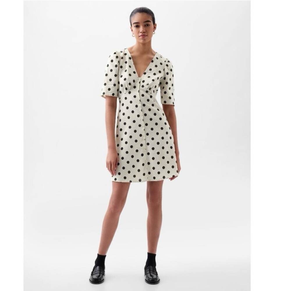 GAP Linen Blend Black and White Polka Dot Dress